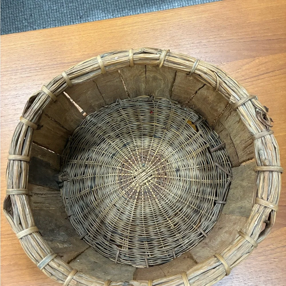 Rustic Brown Wood Slat and Woven Reed Gathering Basket Unique Details